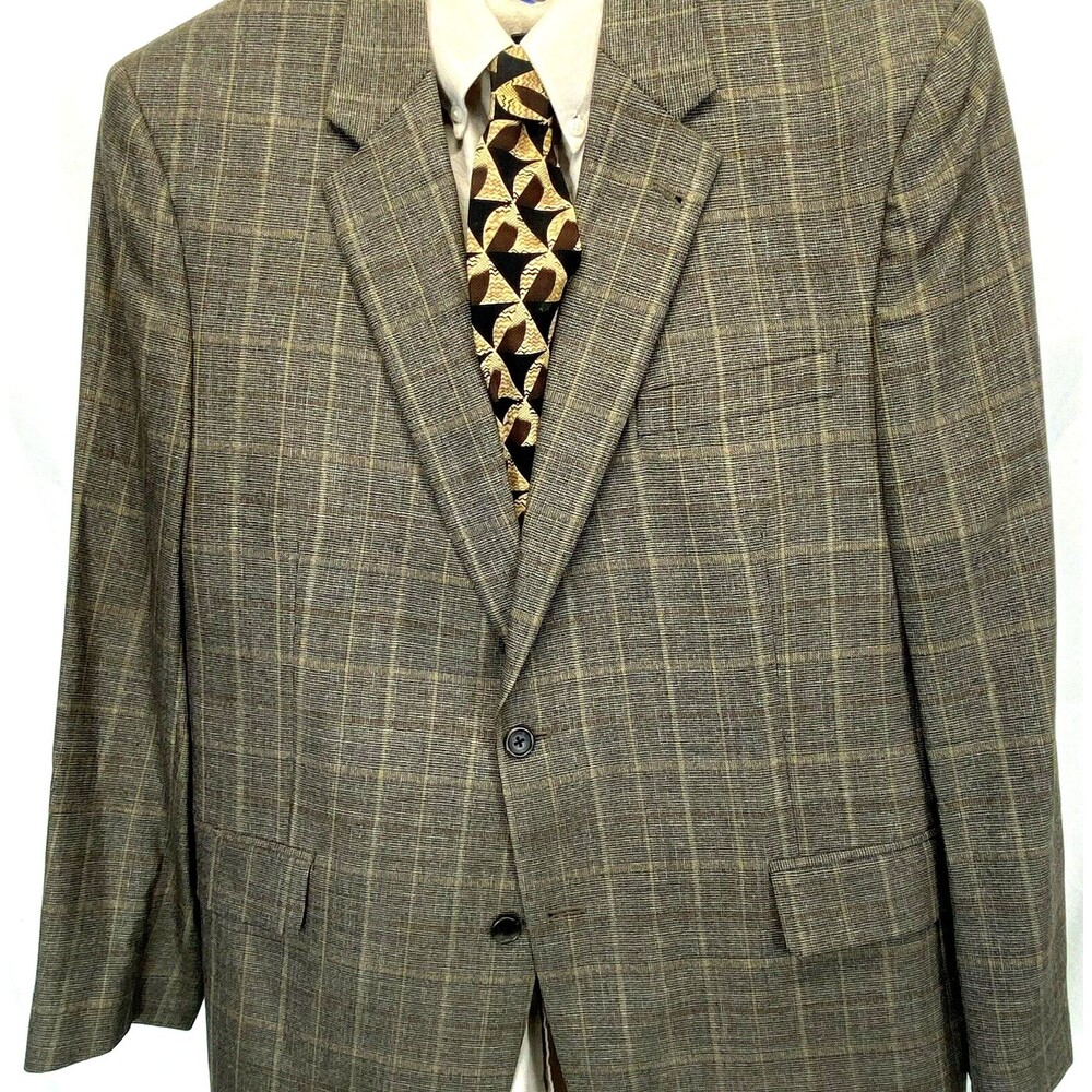 Jos A Bank Signature Men's Brown Windowpane Wool 2 Button Sport Coat Jacket 44R